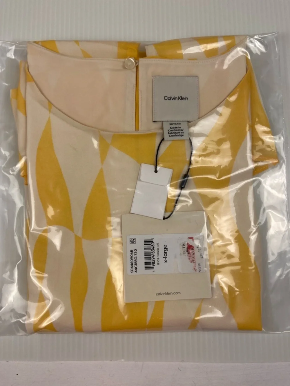 Calvin Klein Yellow Abstract Sleeveless Blouse XL Sheer Lightweight Top